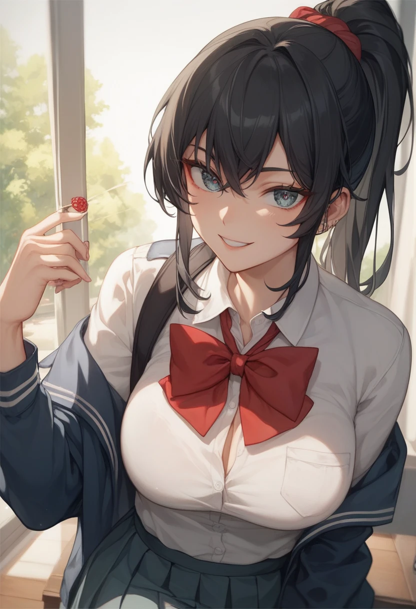 (in the dark:1.6) , Soak in hot tub, school girl Soak in an dark bathroom hot tub , red knot , red bow , white Shirt , big breasts , big tits