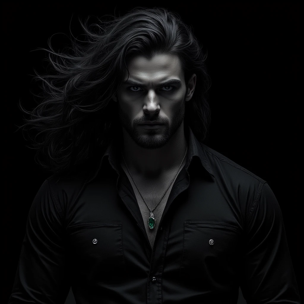 (Extreme Close-up black and white portrait, side-profile) of a man (with very long black hair that is wild, flowing in the wind, he has an intense and focused expression). He wears a (black button-up shirt with a few silver buttons undone), each detail catching subtle highlights, adding depth to the darkness. He wears a necklace featuring a (delicate emerald gemstone pendant). (His chiseled features are accentuated by shadows, emphasizing a strong, stoic gaze). The (background is pitch black, making him the focal point), with a dramatic, cinematic lighting style enhancing the raw intensity of the scene.