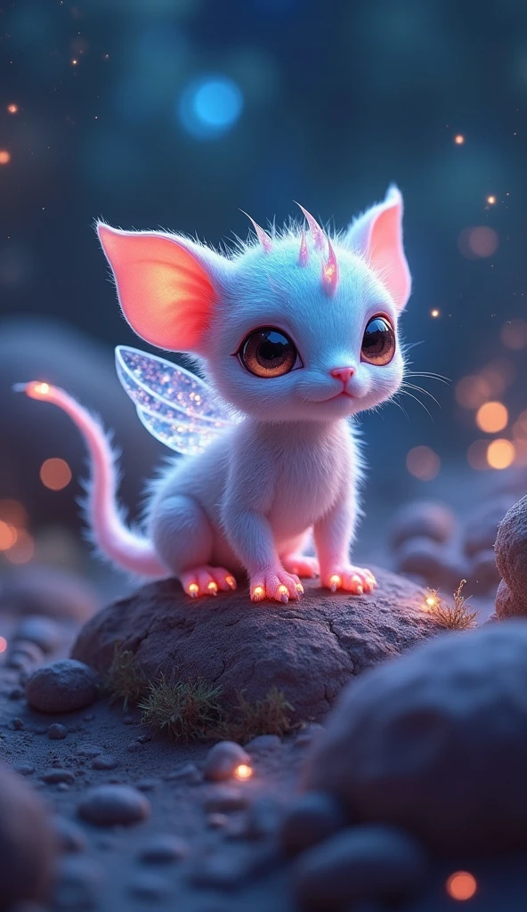 Envision a tiny, four-legged creature with small wings, cloaked in sparkling, crystalline fur that shifts colors to reflect its mood. This creature leaves a trail of glowing footprints on the silvery, rugged terrain of a highly detailed moon base. Its long, slender tail, embellished with tiny, tinkling gemstones, sways gently as it navigates the lunar landscape. Its large, luminous eyes and pointed ears with delicate tufts heighten its alertness. The magical being is adept at climbing and finds solace atop intricate, glowing metallic structures that mimic trees, under the intense, ethereal glow of the moon. The expansive lunar base around it is equipped with futuristic modules and illuminated pathways, creating a stark, captivating contrast that highlights the creature's enchanting presence in a hyper-realistic style