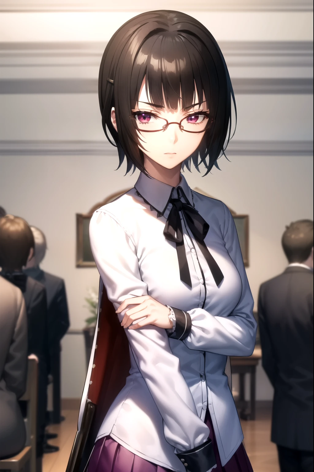 sounasitri, souna sitri,  short hair ,  black hair,  hair ornament , glasses, fork, blows, blunt blows, ( purple eyes:1.1),
torn shirt, Love,  school uniform,  white shirt, black Love, neck Love, Capelet,  simple black cape , long sleeves, skirt, red skirt,
BREAK indoors, classroom,
REST looking at the viewer, ( gunslinger shot:1.5),
BREAK ( masterpiece :1.2),  The best quality,  High resolution,  Unity 8k wallpaper, ( illustration:0.8), (  beautiful detailed eyes  :1.6),  extremely detailed face , Perfect lighting,  CG extremely detailed , (manos perfectas,  perfect anatomy),