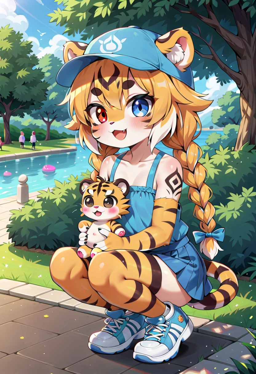 masterpiece, high resolution, best quality, (furry tiger girl, baby body, baby height, flat chest, animal face, animal skin, animal fur, tiger ears, tiger tail), heterochromia, multicolored hair, twin braids, piercing, makeup, tattoo, squatting, cap, top, skirt, stockings, sneakers, feeding bread to fish by the pond, park, pond, public