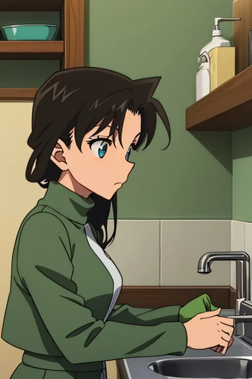 {{{mouri ran}}},{{{Detective Conan}}},{{{long hair}}},{{{official style}}},{{{adult}}},green dress,one-piece dress,turtleneck,green miniskirt, {light green cropped jacket},{light green cropped jacket},green socks,,sink,laundry,kitchen,bringing upper body to the sink,open