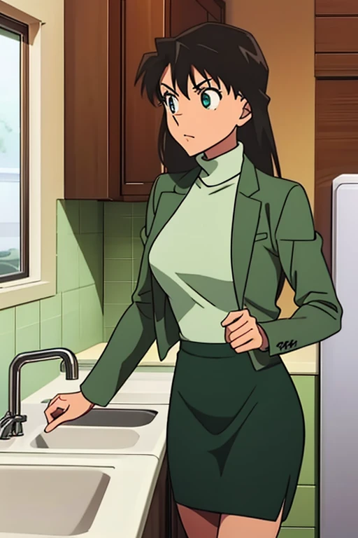 {{{mouri ran}}},{{{Detective Conan}}},{{{long hair}}},{{{official style}}},{{{adult}}},green dress,one-piece dress,turtleneck,green miniskirt, {light green cropped jacket},{light green cropped jacket},green socks,,sink,laundry,kitchen,bringing upper body to the sink,open