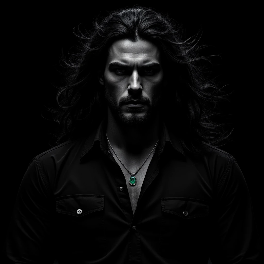 (Extreme Close-up black and white portrait, side-profile) of a man (with very long black hair that is wild, flowing in the wind, he has an intense and focused expression). He wears a (black button-up shirt with a few silver buttons undone), each detail catching subtle highlights, adding depth to the darkness. He wears a necklace featuring a (delicate emerald gemstone pendant). (His chiseled features are accentuated by shadows, emphasizing a strong, stoic gaze). The (background is pitch black, making him the focal point), with a dramatic, cinematic lighting style enhancing the raw intensity of the scene.