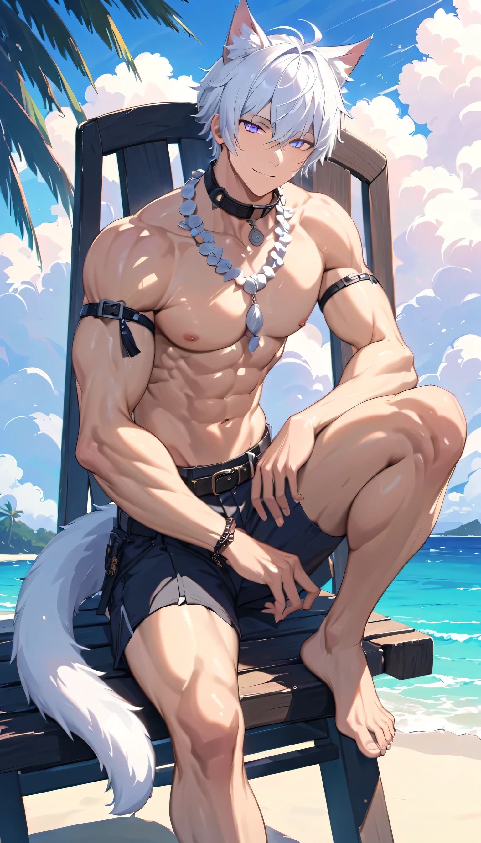 Anthropomorphic fox, In good shape, Pale pink fur, White, Smile, Heartwarming,  Handsome, nice, sitting on the beach，canine,  male, giggle, (Slim, muscular, delicate eyes), Orange swimming trunks，Shy，naked，nipple rings，no necklace