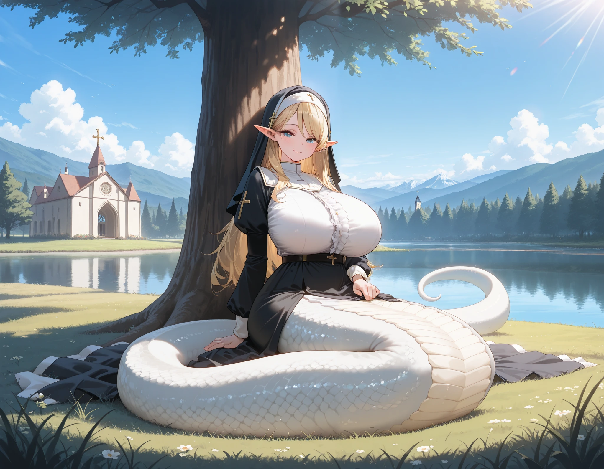 1girl, blue eyes, masterpiece, best quality, solo, huge breasts, long hair, blonde hair, looking at viewer, blush, white scales, monster girl, elf, lamia, full body, wide shot, swept bangs, smile, church, sunlight, tree, grass, lake, nun, outdoors, blue sky, against_tree, sitting, masterpiece, best quality, amazing quality, very aesthetic, absurdres, newest,