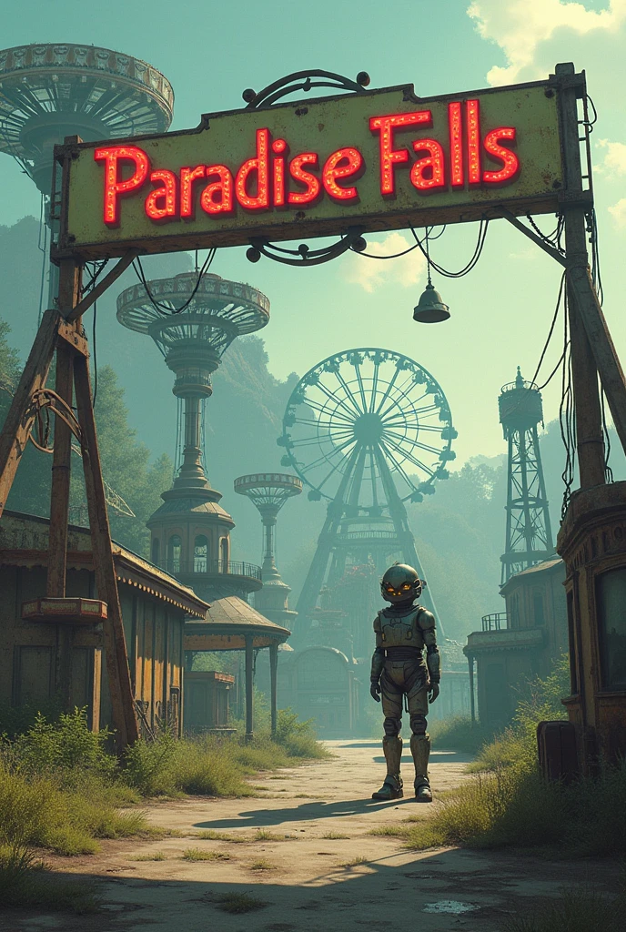 Abandoned amusement park「paradise falls」、 the world after nuclear war 、 post-apocalyptic 、 full color illustration 、rusted ferris wheel 、 merry-go-round 、「paradise falls」Signboard、 only one guide robot is still in operation、End of the World、 retro future atmosphere 