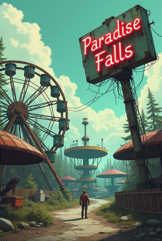 Abandoned amusement park「paradise falls」、 the world after nuclear war 、 post-apocalyptic 、 full color illustration 、rusted ferris wheel 、 merry-go-round 、「paradise falls」Signboard、 only one guide robot is still in operation、End of the World、 retro future atmosphere 