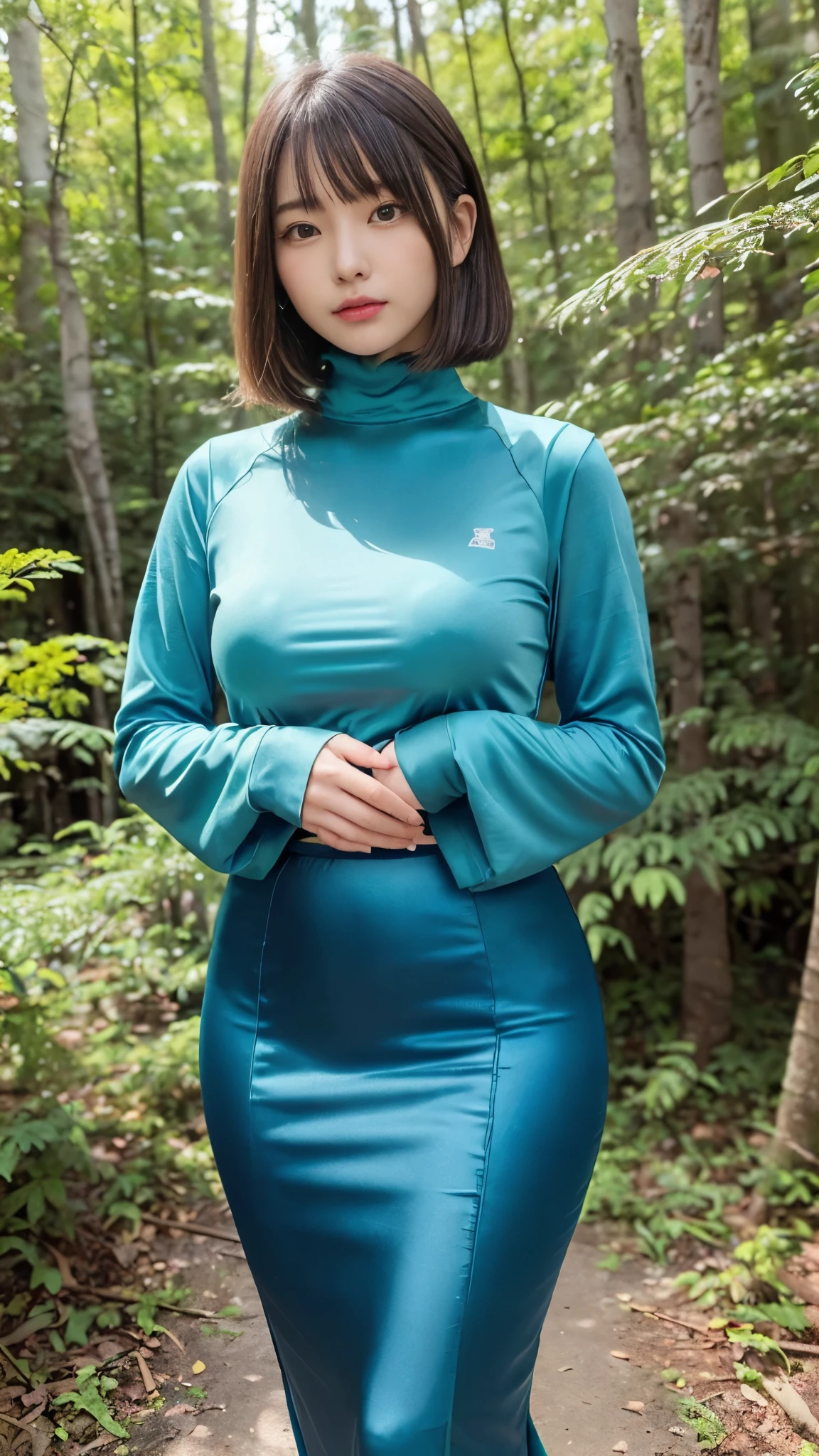 (masterpiece,  best quality,    ultra high resolution ),  extremely detailed CG  ,  short bob hair with bangs 、  beautiful face、((( very pretty Japanese woman hiding her chest with her hands ))),((Long high-waisted mermaid pencil skirt made of bright turquoise satin )),The shirt is tucked into the skirt、(Maxi long skirt)、((( body-hugging long sleeve high neck t-shirt made of bright turquoise satin fabric)))、((((Standing in the forest on a dark night)))),