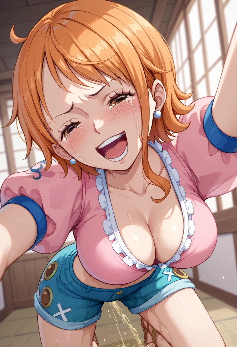 female、 high image quality 、 brown short hair , Crying sound 、 eyebrows slanted down、laugh、Blusher、Puff sleeves、 pink clothes、(pee)、((piss))、quiver, Nami(one piece)