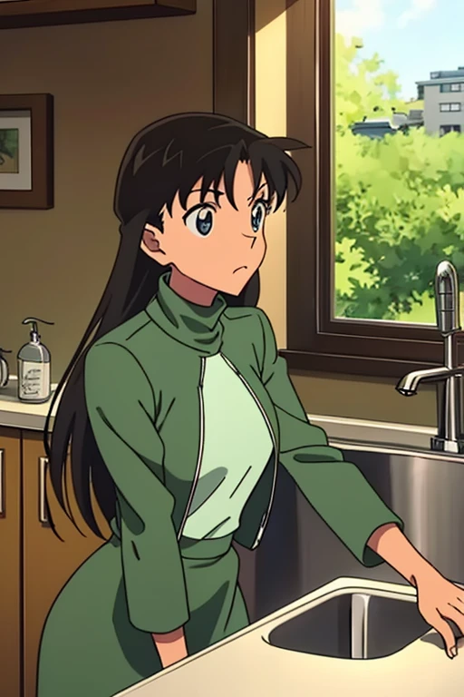 {{{mouri ran}}},{{{Detective Conan}}},{{{long hair}}},{{{official style}}},{{{adult}}},green dress,one-piece dress,turtleneck,green miniskirt, {light green cropped jacket},{light green cropped jacket},green socks,,sink,laundry,kitchen,bringing upper body to the sink,open