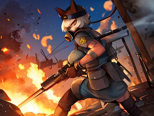 MS Fortune in WW1 PyroManiac uniform wearing a gas mask holding a FlameThrower gun raiding the trenches