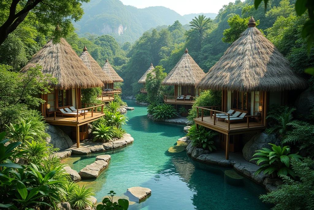 This image depicts a peaceful and lush jungle retreat near a stream in Hoa Binh, Vietnam, featuring several tall thatched-roof bungalows set amidst a lush tropical forest. A series of natural-looking pools and walkways meander through the dense vegetation, creating a tranquil and secluded oasis. The pools are a vibrant turquoise color, blending harmoniously with the surrounding greenery. The architecture of the bungalows incorporates natural materials such as bamboo and thatch, giving the setting an authentic, eco-friendly feel. The overall layout creates a sense of peace, relaxation, and immersion in the natural world.