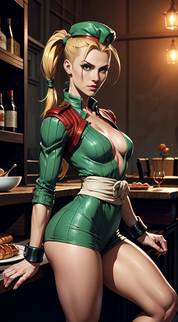 meilleure qualité, chef-d'œuvre, ultra haute résolution, Rembrandt clair, nuit, fond sombre, Cammy Street Fighter, attrayant, longs cheveux blonds tressés, portant un petit béret rouge de l&#39;armée, tenue sexy débardeur vert vibrant, portant des gants de combat rouges, bottes de combat, Guêtres, pas de décolleté, séduisant, courbes supplémentaires, peau humide,  seins, Peau blanche, 3/4 plans d&#39;une pose de combat adynamique, grosses cuisses, taille fine, timide, SFW, Légèrement vêtu, déchiré, tenue révélatrice, orteil de chameau, chef-d&#39;œuvre kawaii sans faille, Corps parfait, visage parfait, mains parfaites,  doigts parfaits , pose sexy,  anatomie parfaite 