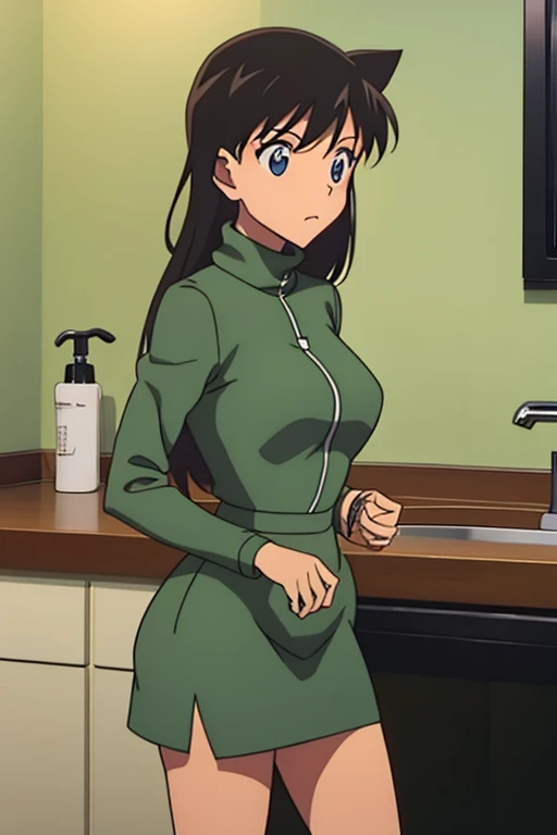 {{{mouri ran}}},{{{Detective Conan}}},{{{long hair}}},{{{official style}}},{{{adult}}},green dress,one-piece dress,turtleneck,green miniskirt, {light green cropped jacket},{light green cropped jacket},green socks,,sink,laundry,kitchen,bringing upper body to the sink,open