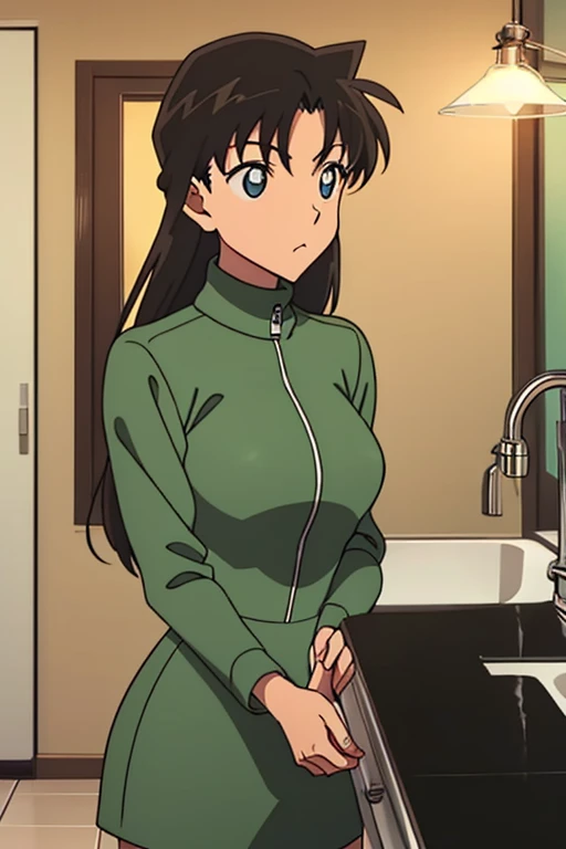 {{{mouri ran}}},{{{Detective Conan}}},{{{long hair}}},{{{official style}}},{{{adult}}},green dress,one-piece dress,turtleneck,green miniskirt, {light green cropped jacket},{light green cropped jacket},green socks,,sink,laundry,kitchen,bringing upper body to the sink,open