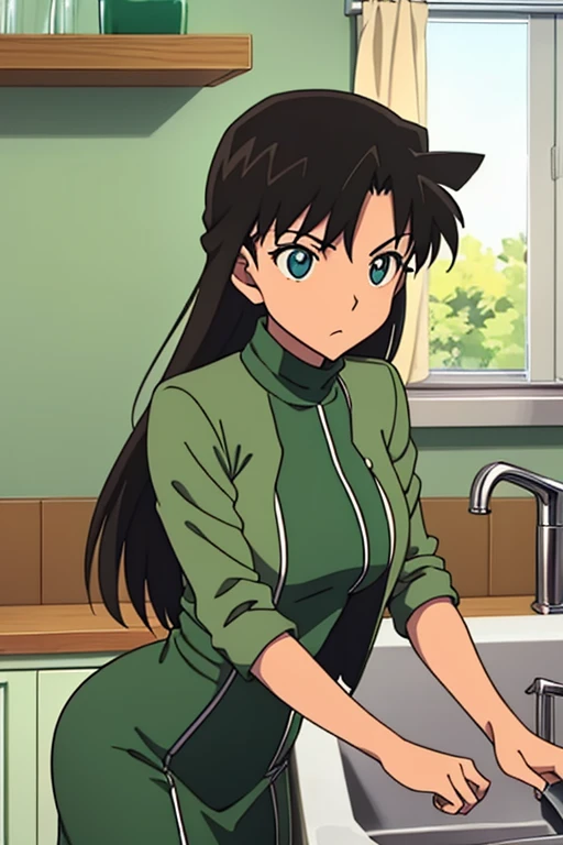 {{{mouri ran}}},{{{Detective Conan}}},{{{long hair}}},{{{official style}}},{{{adult}}},green dress,one-piece dress,turtleneck,green miniskirt, {light green cropped jacket},{light green cropped jacket},green socks,,sink,laundry,kitchen,bringing upper body to the sink,open