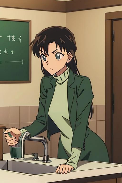 {{{mouri ran}}},{{{Detective Conan}}},{{{long hair}}},{{{official style}}},{{{adult}}},green dress,one-piece dress,turtleneck,green miniskirt, {light green cropped jacket},{light green cropped jacket},green socks,,sink,laundry,kitchen,bringing upper body to the sink,open