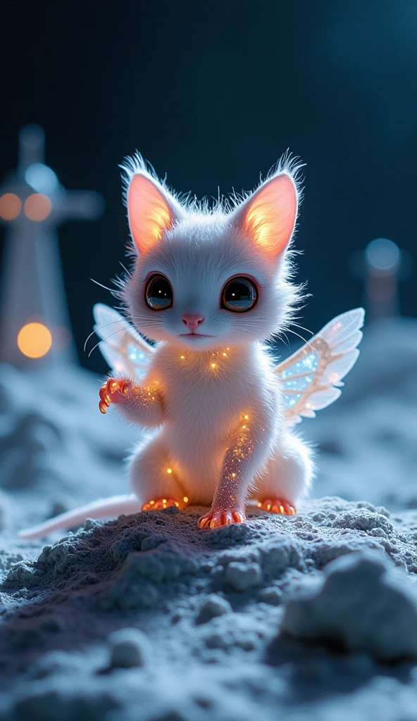 Envision a tiny, four-legged creature with small wings, cloaked in sparkling, crystalline fur that shifts colors to reflect its mood. This creature leaves a trail of glowing footprints on the silvery, rugged terrain of a highly detailed moon base. Its long, slender tail, embellished with tiny, tinkling gemstones, sways gently as it navigates the lunar landscape. Its large, luminous eyes and pointed ears with delicate tufts heighten its alertness. The magical being is adept at climbing and finds solace atop intricate, glowing metallic structures that mimic trees, under the intense, ethereal glow of the moon. The expansive lunar base around it is equipped with futuristic modules and illuminated pathways, creating a stark, captivating contrast that highlights the creature's enchanting presence in a hyper-realistic style