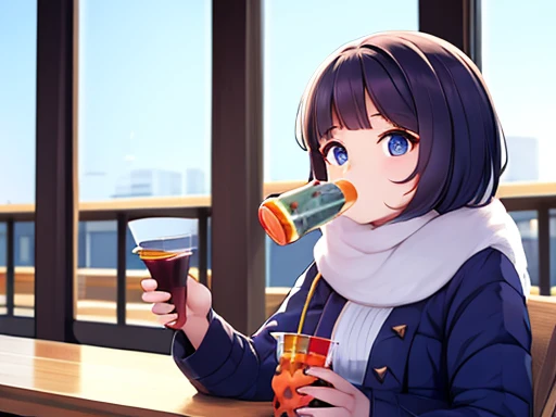 Girl drinking Boba yea in the winter