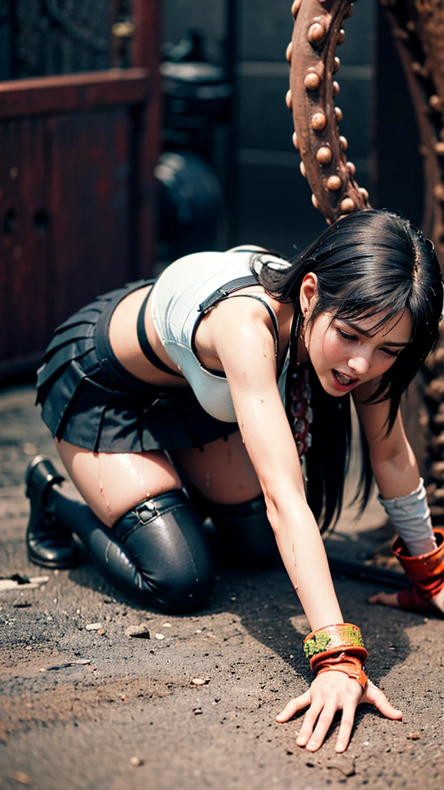 (8k、top-quality、​masterpiece:1.2)、(Realistic、 Photographically :1.37)、  Ultra High Definition、   Tifa is restrained by tentacles 、片Elbow pads、Ankle boots、 rubbed black skirt 、 Black rhino、Red Boots、Elbow pocket、Elbow pads、 fingerless gloves 、  suspender skirt  、 torn white tank top 、  long hair、 brown skin、Length Hair、(((  Torn clothes 、   overexposure   、Torn clothes、Torn Skirt、  ragged skirt  、cleft chest  、I see beautiful breasts,    my whole body is wet  、  my whole body is wet )))、(((Tentacle Ground、 Tentacles wrapped around the body 、The tentacles wrap around the whole body、Surrounded by tentacles  、  bodies are bound by many tentacles 、 hands are tied to tentacles  、  legs bound by tentacles   、  tentacles grab the whole body  、all-fours、 on all fours)))、( painでうめき声をあげる ,   I feel pain  , Tears flow:1.5), pain,   crying in pain ,