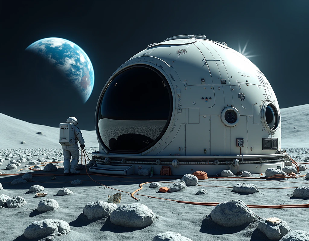 Realistic, theme is "Moon Base", astronaut in spacesuit working outside the moon base, distant blue earth reflected in the shield of the astronaut's helmet, astronaut is using some tools to maintain the surface of the base dome, moon surface is gray crater, sophisticated design, advanced lighting technology, real photo 8K quality