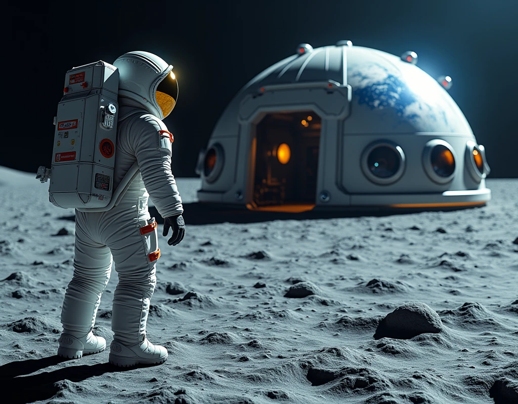 Realistic, theme is "Moon Base", astronaut in spacesuit working outside the moon base, distant blue earth reflected in the shield of the astronaut's helmet, astronaut is using some tools to maintain the surface of the base dome, moon surface is gray crater, sophisticated design, advanced lighting technology, real photo 8K quality