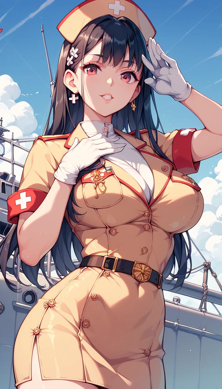 ((Busty Bitches)), ((Japanese imperial Navy)), Ecchi girl in nurse costume, firm expression, saluting , black and gold clothes, military ship, dark and sinister overtone, ((her eyes are completely black))