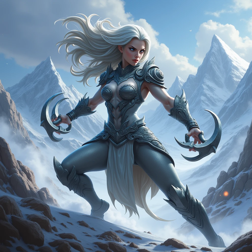 detailed, masterpiece,HDR, detailed sharp, best quality, highres,
1girl, solo,
cherrmous style, illustration,
large breasts,
looking at viewer, , angry,
Rose_Dg, yellow eyes,white hair, lipstick, lips,
glowing,
floating hair, parted lips,
full body, fighting stance,
armor, boots, belt, thigh strap, shoulder armor, pelvic curtain, pauldrons, headband, gloves,
nature, petals,
<lora:Rose_DG_v01-000003:0.30>