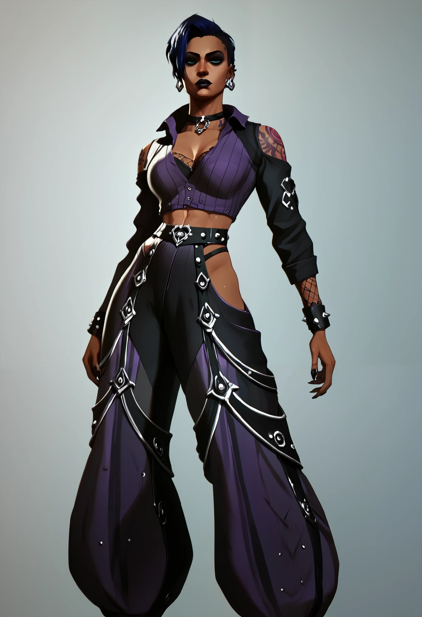 A character outfit from the series arcane gothic outfit , detailed, black clothes, dark skin, metallic, bioluminescent purple tattoos , jewelry, extravagant, huge baggy pants,  black, sexy, comfortable clothes, fishnet pullover