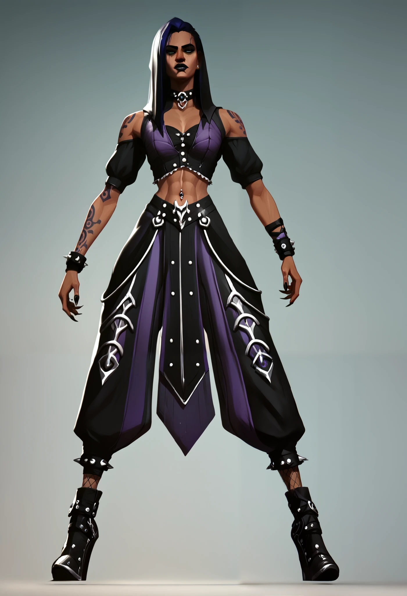 A character outfit from the series arcane gothic outfit , detailed, black clothes, dark skin, metallic, bioluminescent purple tattoos , jewelry, extravagant, huge baggy pants, black, comfortable clothes, fishnet clothes 