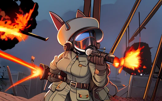 MS Fortune in WW1 PyroManiac uniform wearing a gas mask holding a FlameThrower gun raiding the trenches