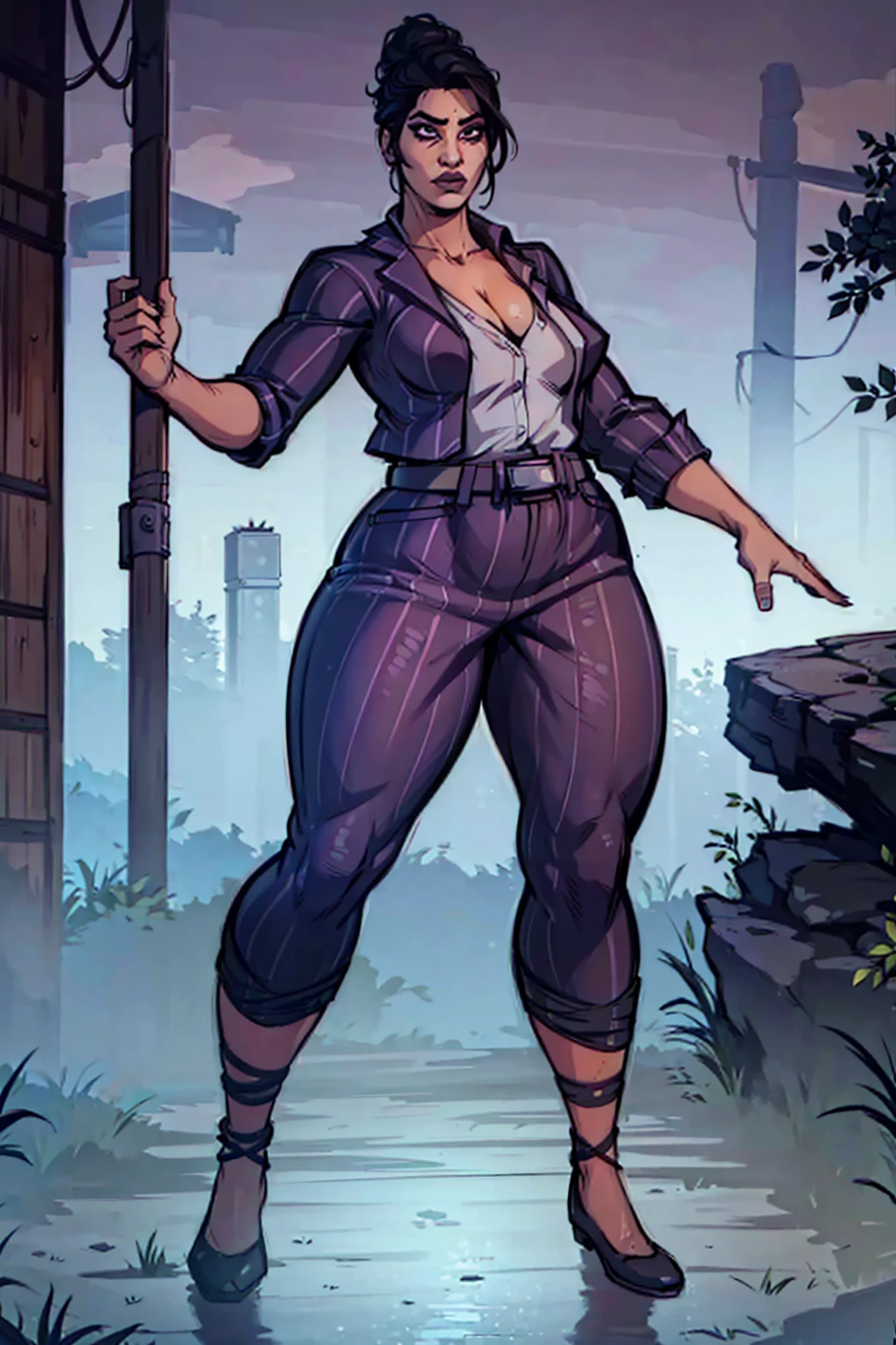 Digital art, highly detailed, angled view, sexy standing pose, legs spread apart, hands held up in a fighting form, mature woman, adult female, full curvy figure, whole body, form-fitting, Jane Romero (Dead by Daylight) inspired costume, pinstriped blazer, blouse, belt, pinstriped baggy pants that ends above the ankle, belt, flat office shoes, 1woman, solo, upper body, lower body, ((Extremely Detailed)), ((Best Quality)), ((Masterpiece)), ((4k)).
