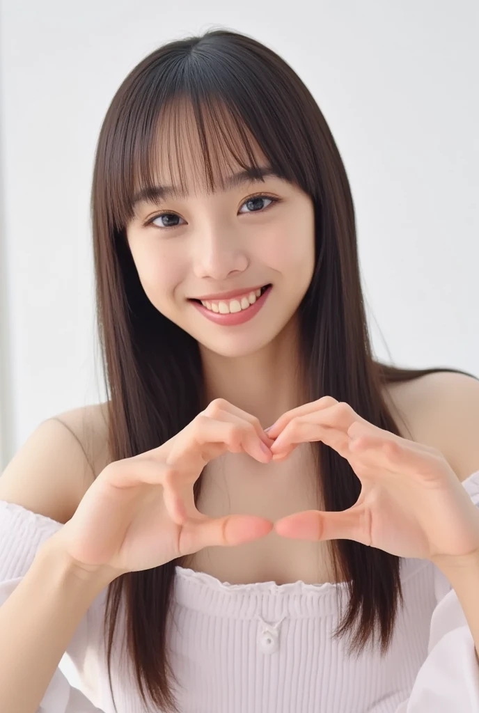 Only one woman with a cute smile wears cute, fluffy off-shoulder pajamas, makes a big heart shape with both hands, and poses them in front of her chest, View above collarbone、The background is a monotone 、
