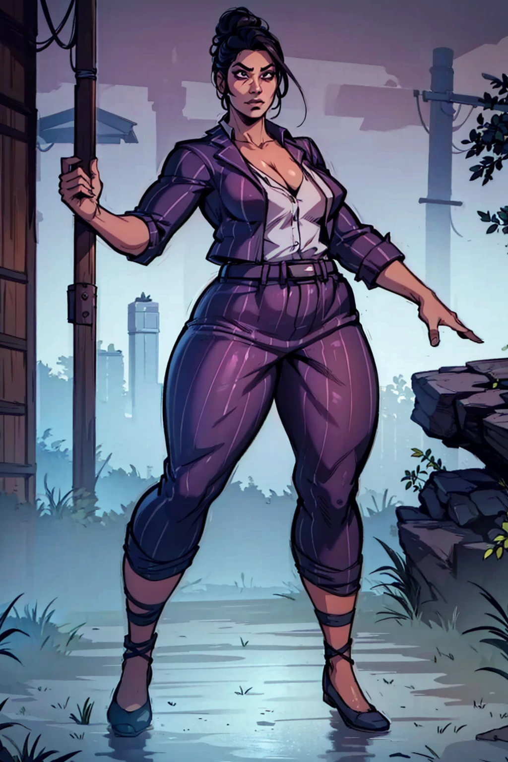 Digital art, highly detailed, angled view, sexy standing pose, legs spread apart, hands held up in a fighting form, mature woman, adult female, full curvy figure, whole body, form-fitting, Jane Romero (Dead by Daylight) inspired costume, pinstriped blazer, blouse, belt, pinstriped baggy pants that ends above the ankle, belt, flat office shoes, 1woman, solo, upper body, lower body, ((Extremely Detailed)), ((Best Quality)), ((Masterpiece)), ((4k)).
