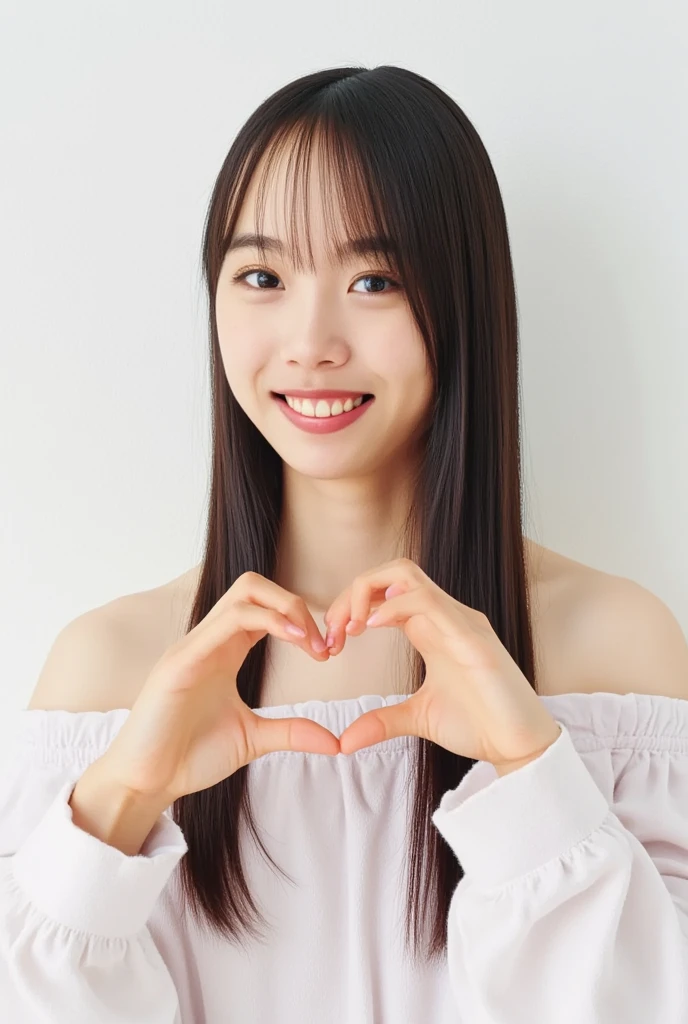 Only one woman with a cute smile wears cute, fluffy off-shoulder pajamas, makes a big heart shape with both hands, and poses them in front of her chest, View above collarbone、The background is a monotone 、
