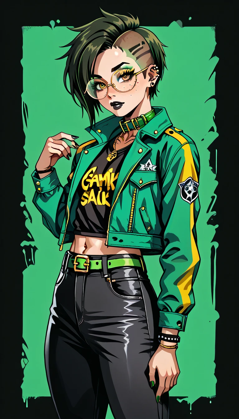 1boy;Androgynous;Japanese;dark brown punk undercut hair;gold eyes;freckled skin;toned,athletic body;black lip gloss;black eyeliner;green eyeshadow;sharp black nails;round glasses;black tight shirt;black Cargo pants;green belt;Green Canvas Jacket;Combat Boots;amber pendant;green collar;pierced ears;GothMOONXL
