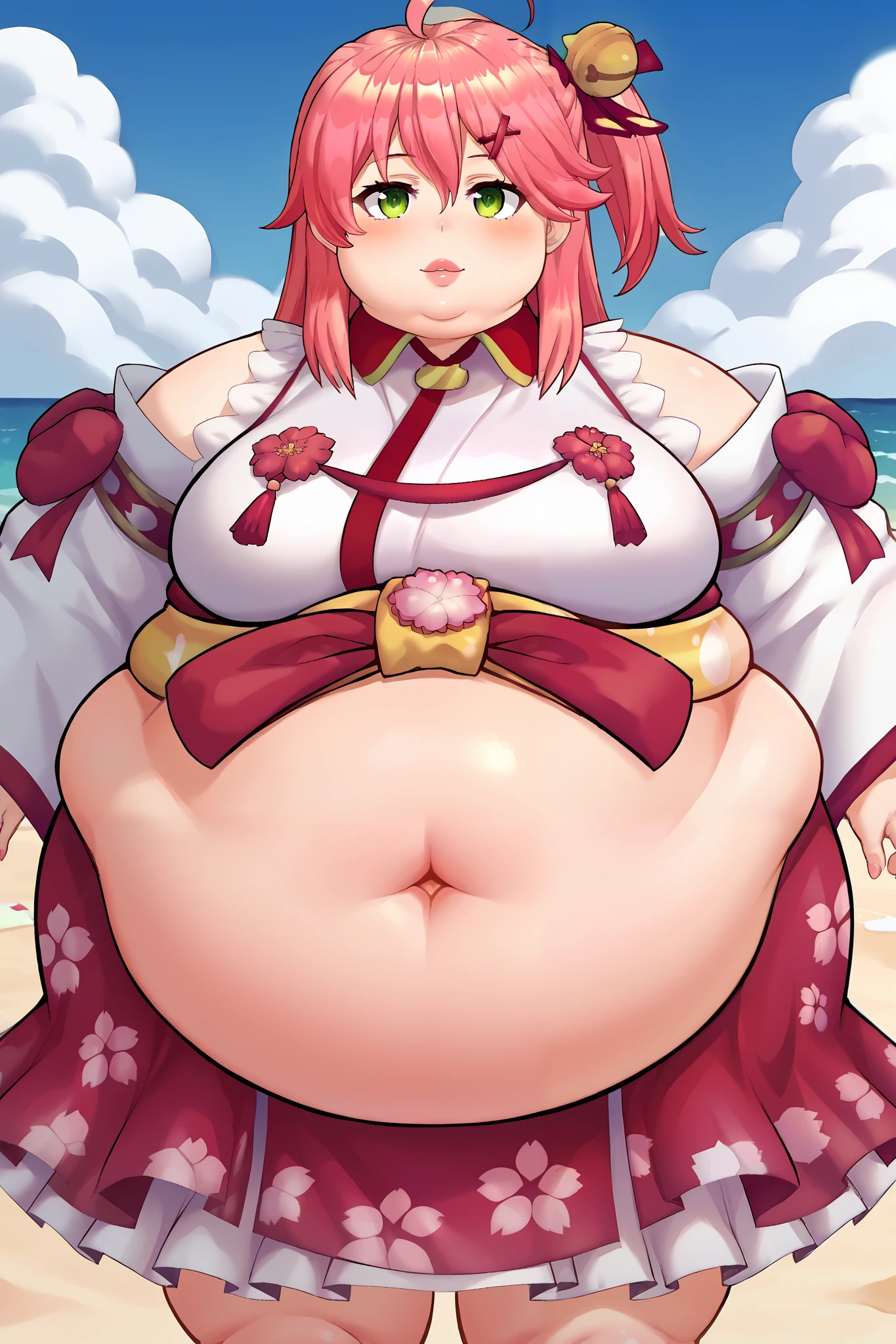 Girl becoming a monster, becoming a troll, fat, chubby, obese, BigmomSDXL,1girl,solo,orange eyes,small eyes,long hair,looking at viewer,pink hair,makeup,lipstick,big nose,long nose,pink,fat,, Miko_nml ,pink hair,ahoge,green eyes,hair bell,hair ornament,x hair ornament, hair bell,long hair, one side up, big ears, big nose, big lips, 900 pounds, 10 ft tall, hunchback, broad shoulders, big belly, standing, beach, extremely obese, floral print,detached sleeves,paw print,paw print pattern,cherry blossom print