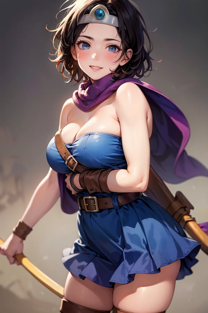 ((masterpiece:1.4)), (High resolution:1.4), Standing on the grass, Sexy pose, One girl:1.5, alone, outside, internal (dq3), One girl, alone, short hair, Brown Hair, blue eyes, Circlet, Muscular、Strapless, Blue clothes, Purple Cape, Knee socks, Elbow hand pockets, boots, belt, sheath, knee boots, Beautiful smile, Beautiful Face, Highly detailed face, Highly detailed eyes, Highly detailed skin, Skin pores, Realistic pupils, Blush all over face, Fuller lips, (Perfect Anatomy:1.1), (Perfect Proportions:1.1), (photograph:1.1), (photoRealistic:1.1), Volumetric lighting, Dynamic Lighting, True Shadow, (High resolution:1.1), Sharp focus, Dawn, (Realistic, hyperRealistic:1.4), Complex, Attention to detail, dramatic, Scattered beneath the surface, Large depth of field, Vivid, Polished, Honed, ((Full Sharp)), (Very absurd),16k hdr,