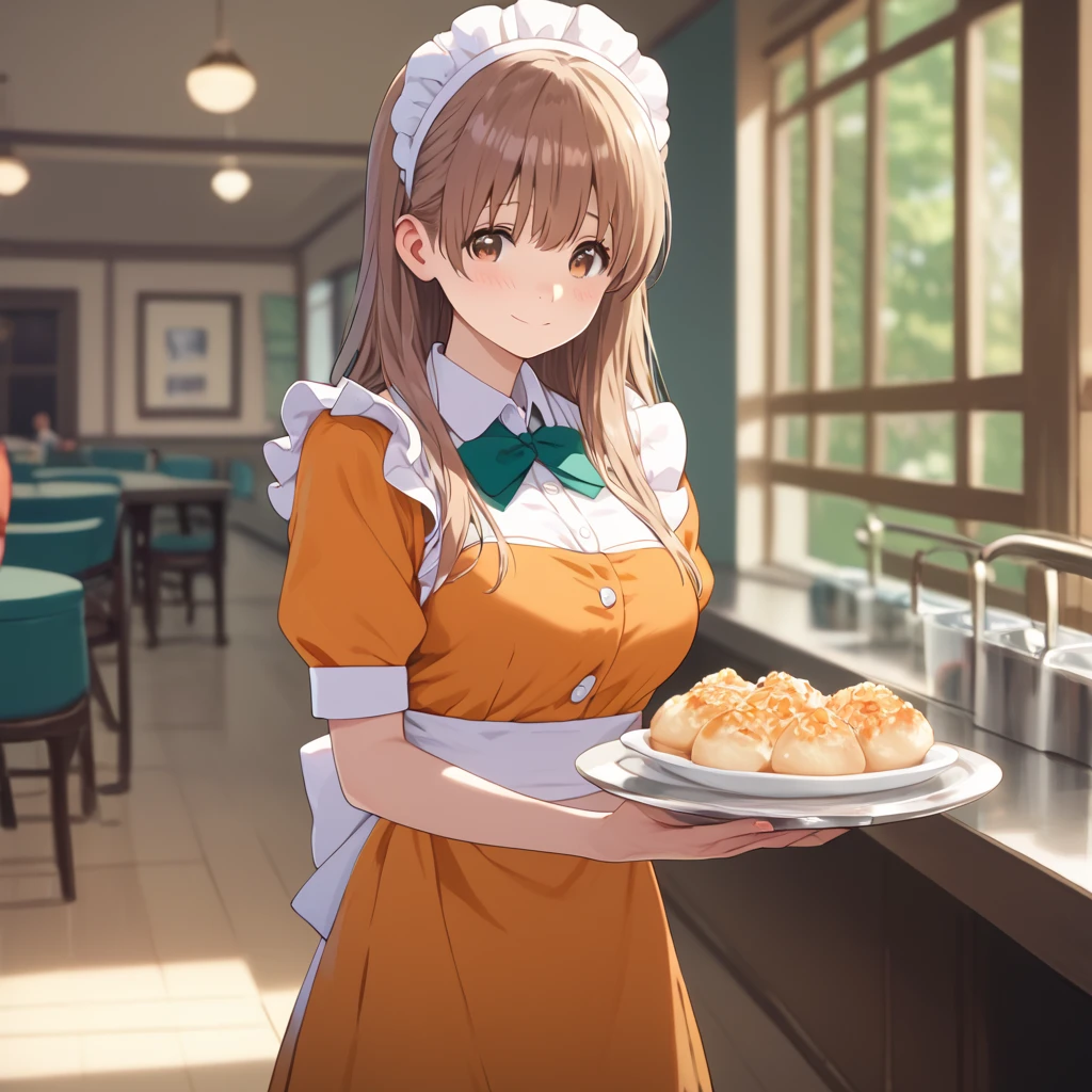  score_9, score_8_up, score_7_up,masterpiece, best quality, Source Anime, photographrealistic,  Hyperrealistic, 8k,photograph,born,super detailed,  Extremely detailed, evaluation_Explicit, 
1人の girl,  waitress ,  standing, 
 girl, Nishimiya Shoko, 18 years old, Long Hair,  bangs between eyes,  Brown Eyes , ( Big Breasts :0.9),
 shiny hair,  Beautiful Detailed Eyes ,  Facial beauty,
BREAK frilled  waitress  uniform, Orange uniform,  Headdress,
 embarrassed , , smile, Modern cafe