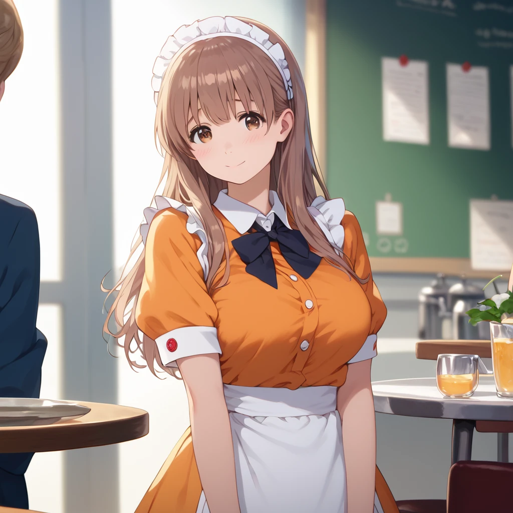  score_9, score_8_up, score_7_up,masterpiece, best quality, Source Anime, photographrealistic,  Hyperrealistic, 8k,photograph,born,super detailed,  Extremely detailed, evaluation_Explicit, 
1人の girl,  waitress ,  standing, 
 girl, Nishimiya Shoko, 18 years old, Long Hair,  bangs between eyes,  Brown Eyes , ( Big Breasts :0.9),
 shiny hair,  Beautiful Detailed Eyes ,  Facial beauty,
BREAK frilled  waitress  uniform, Orange uniform,  Headdress,
 embarrassed , , smile, Modern cafe