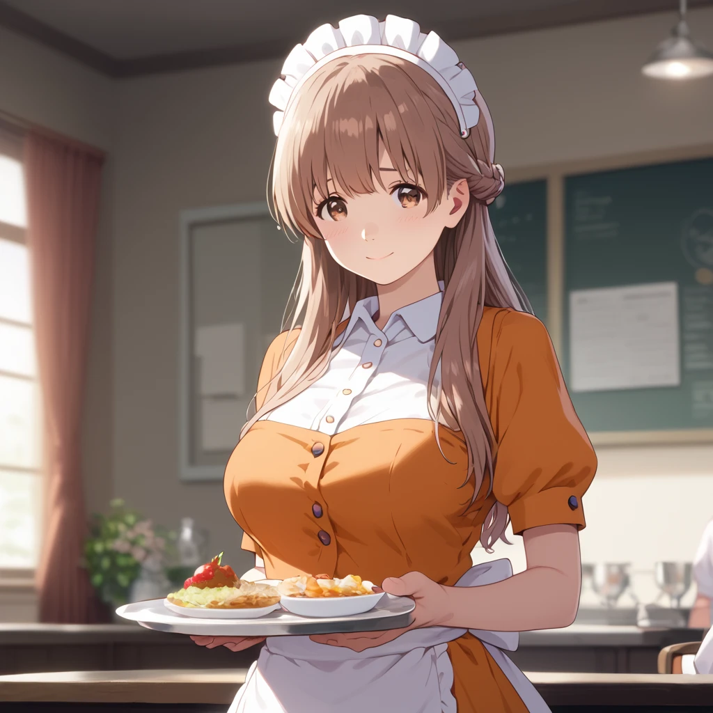  score_9, score_8_up, score_7_up,masterpiece, best quality, Source Anime, photographrealistic,  Hyperrealistic, 8k,photograph,born,super detailed,  Extremely detailed, evaluation_Explicit, 
1人の girl,  waitress ,  standing, 
 girl, Nishimiya Shoko, 18 years old, Long Hair,  bangs between eyes,  Brown Eyes , ( Big Breasts :0.9),
 shiny hair,  Beautiful Detailed Eyes ,  Facial beauty,
BREAK frilled  waitress  uniform, Orange uniform,  Headdress,
 embarrassed , , smile, Modern cafe