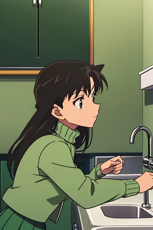 {{{mouri ran}}},{{{Detective Conan}}},{{{long hair}}},{{{official style}}},{{{adult}}},green dress,one-piece dress,turtleneck,green miniskirt, {light green cropped jacket},{light green cropped jacket},green socks,,sink,laundry,kitchen,bringing upper body to the sink,open