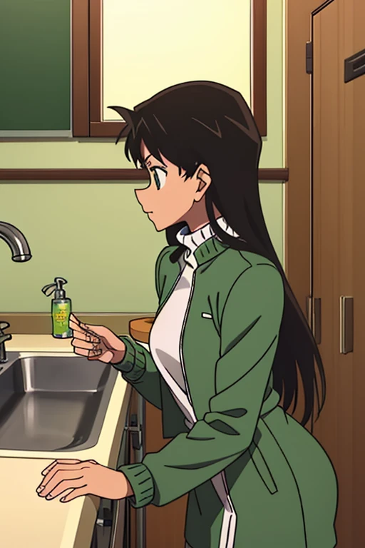 {{{mouri ran}}},{{{Detective Conan}}},{{{long hair}}},{{{official style}}},{{{adult}}},green dress,one-piece dress,turtleneck,green miniskirt, {light green cropped jacket},{light green cropped jacket},green socks,,sink,laundry,kitchen,bringing upper body to the sink,open