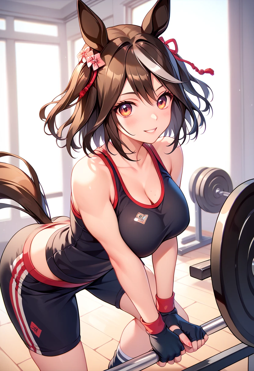 High image quality　   best quality　masterpiece　 Every Little Detail  　  bright color 　Female 1 person　  Kitasan Black　    Horse&#39;s ears　  workout gym  　    I'm using training equipment