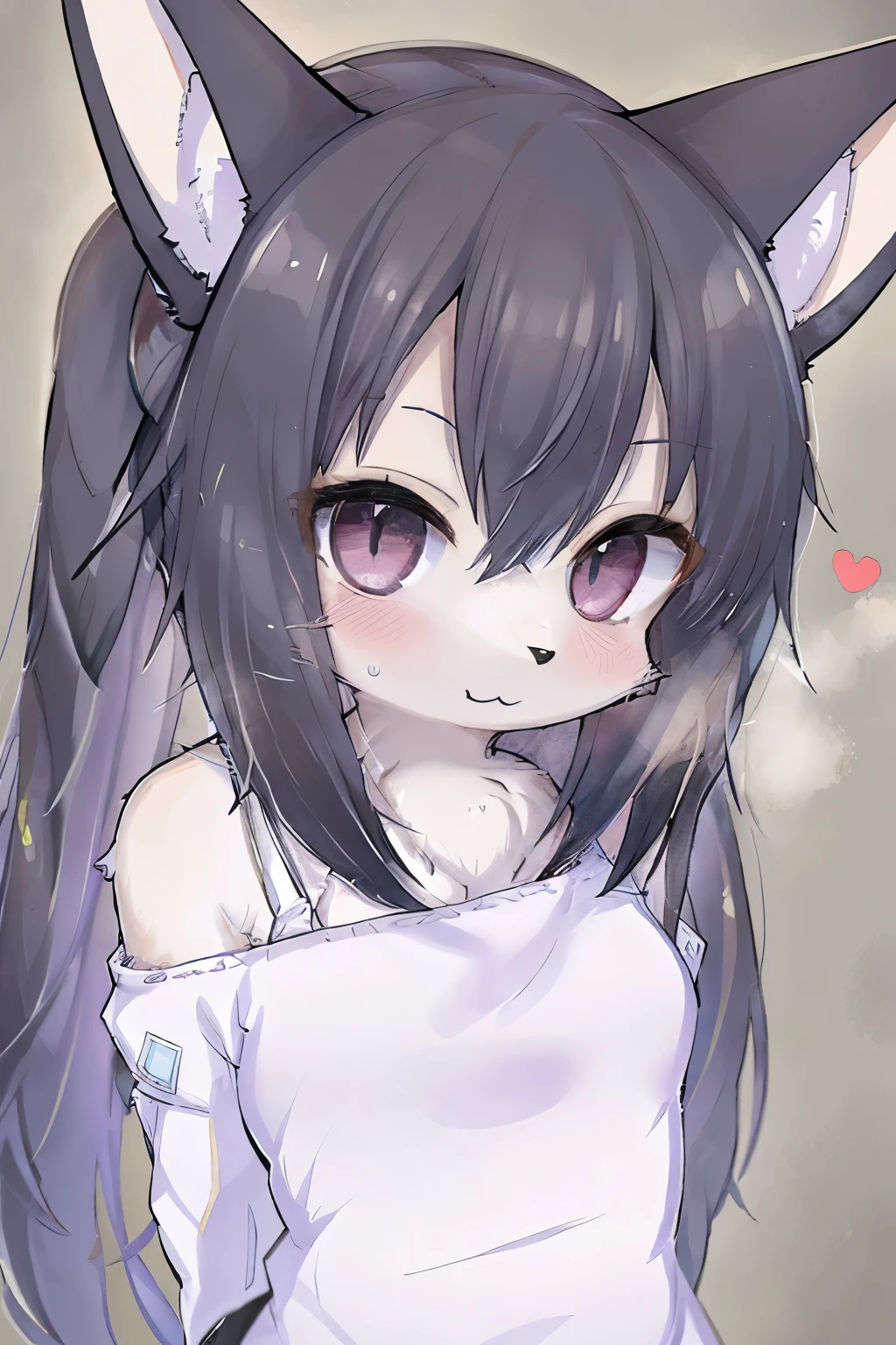 upper body, Long Hair,  black hair, smile, Slanted Eyes,  take a closer look, {{furry}},  blush, arms behind back, (extreme close-up)