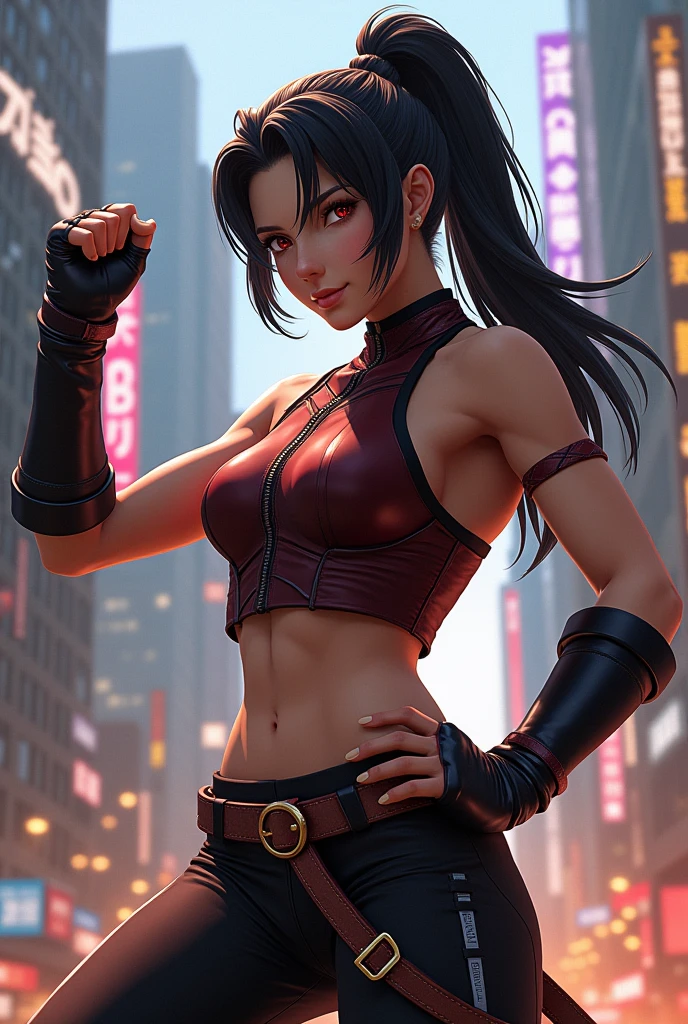 Juri Han, Street Fighter(master part, best qualityer, ultra detali, best shade), (detailed backgrounds, Looking at Viewer, Serious, vred), face detailed, (better lighting), ((cinematic light)), fullcolor, hyper detail, dramatic light, details Intricate