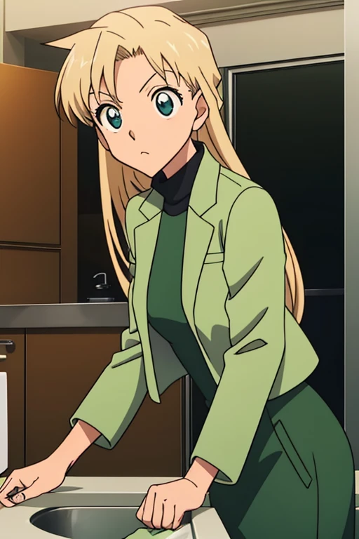 {{{mouri ran}}},{{{Detective Conan}}},{{{long hair}}},{{{official style}}},{{{adult}}},green dress,one-piece dress,turtleneck,green miniskirt, {light green cropped jacket},{light green cropped jacket},green socks,,sink,laundry,kitchen,bringing upper body to the sink,open