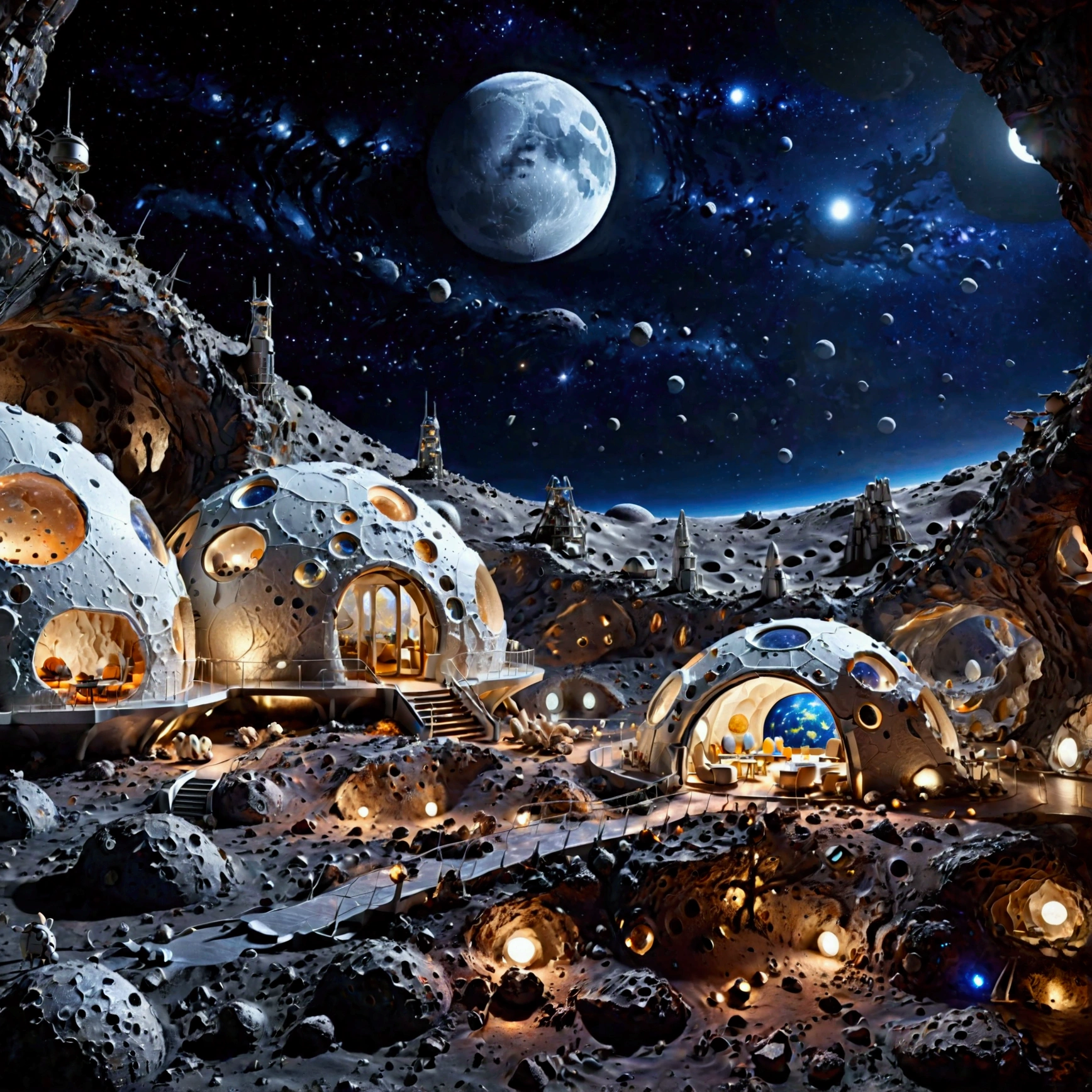 A futuristic, glass-covered lunar city on the moon's surface, with a view of satellites and Earth in the vastness of space. The city consists of domed structures and sleek, glowing buildings connected by illuminated pathways, creating a harmonious blend of technology and lunar terrain. Inside the city, a whimsical touch is added with rabbits and crabs peacefully coexisting, wandering around the moon base. The glass domes reflect the soft glow of Earthlight, and the moon's surface is detailed with craters and rocky textures. The atmosphere is a mix of futuristic innovation and playful charm, with a serene, otherworldly beauty, (glass-covered lunar city, futuristic, moon surface, domed structures, illuminated pathways, glowing buildings, satellites, Earth in space, rabbits, crabs, craters, rocky textures, serene, otherworldly, playful, harmonious, soft Earthlight)