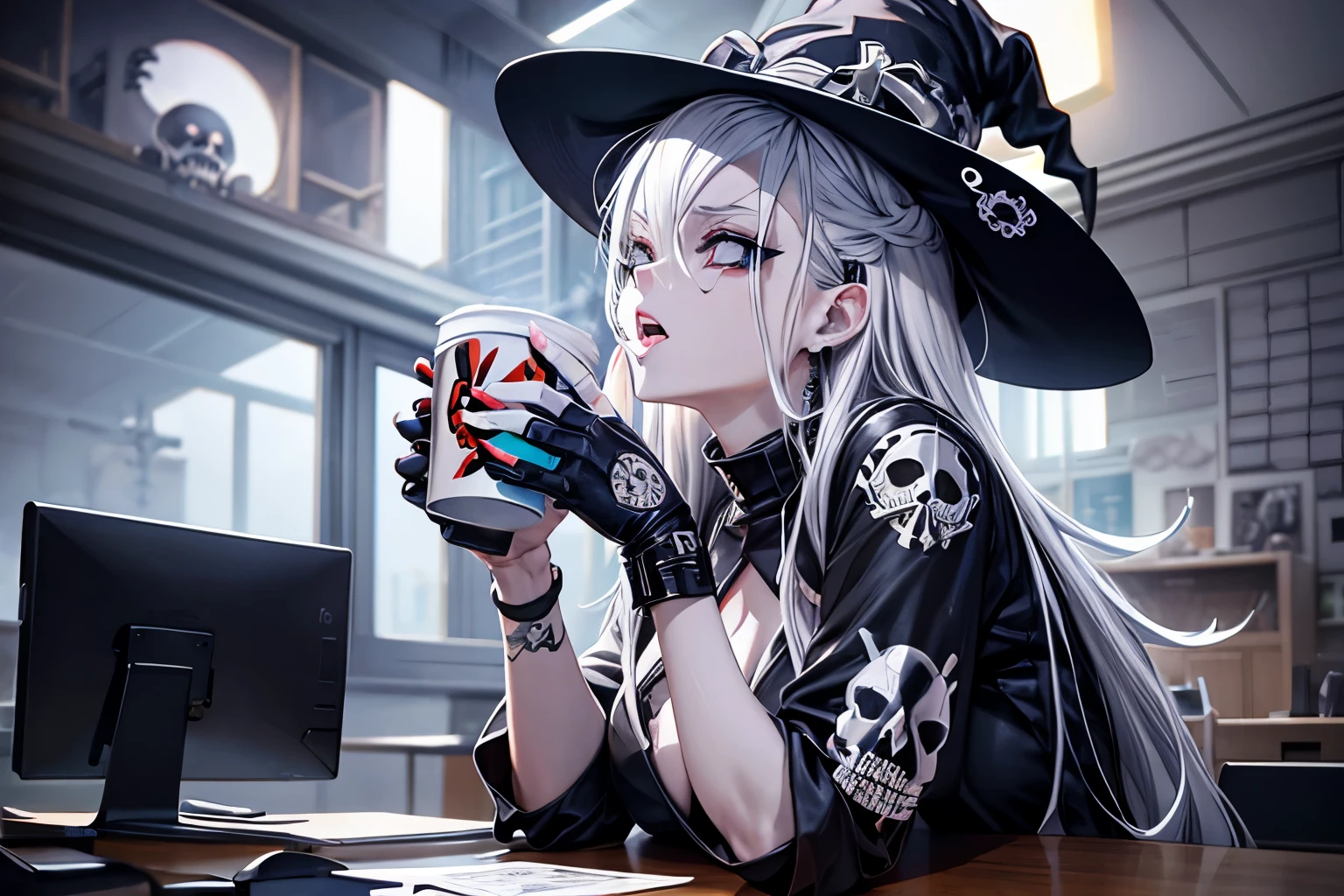 Anime girl with a hat and a drink in her hand - SeaArt AI